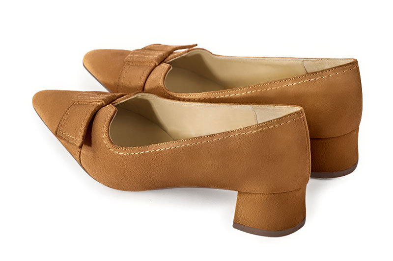Camel beige women's dress pumps, with a knot on the front. Tapered toe. Low flare heels. Rear view - Florence KOOIJMAN